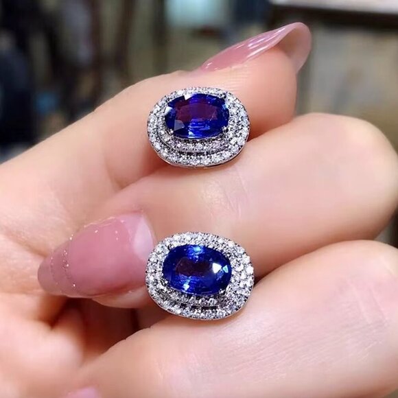 NEW 18k White Gold Blue Sapphire Diamond Earrings Oval Earrings - Picture 2 of 4